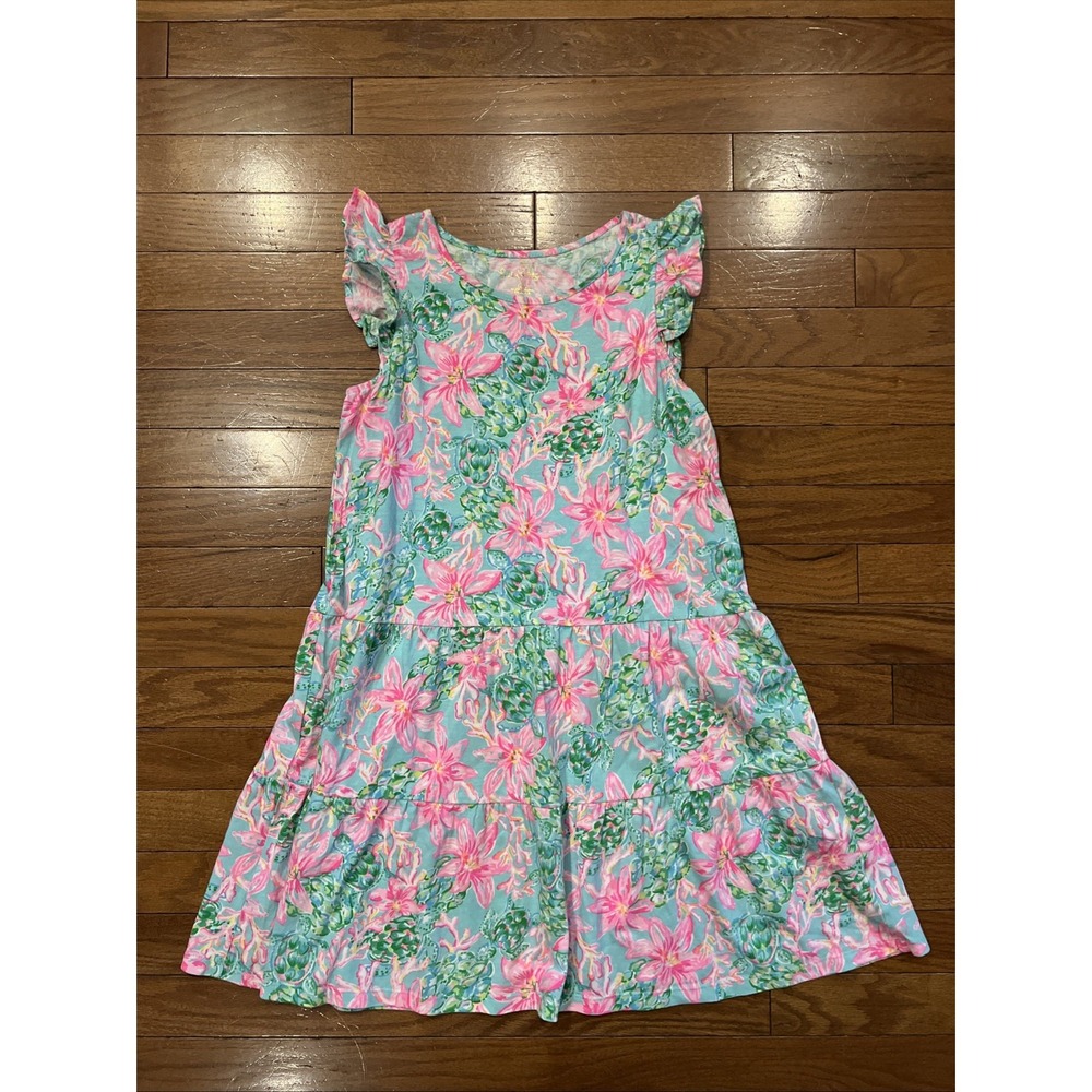 Lilly Pulitzer Girls XL 12-14 Floral Tiered Dress Pink Blue 100% Cotton